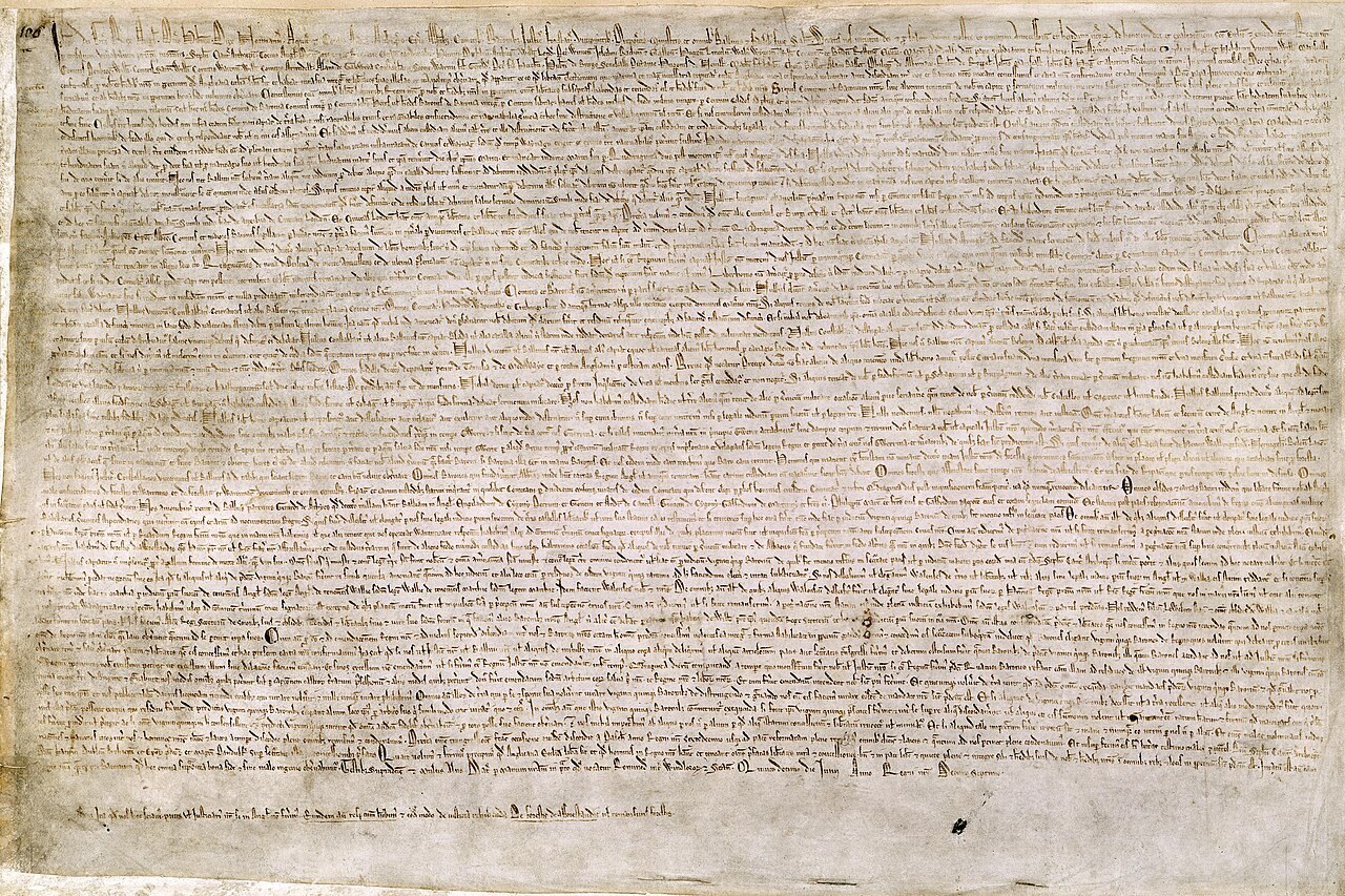 The 1215 Magna Carta written in closely spaced lines on parchment.