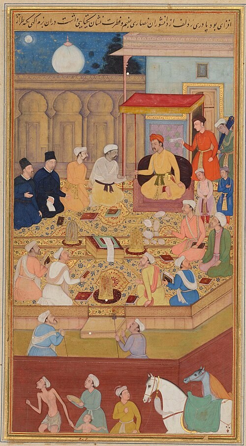 Mughal manuscript painting of Akbar seated under a canopy among scholars, including two black-robed Jesuits.