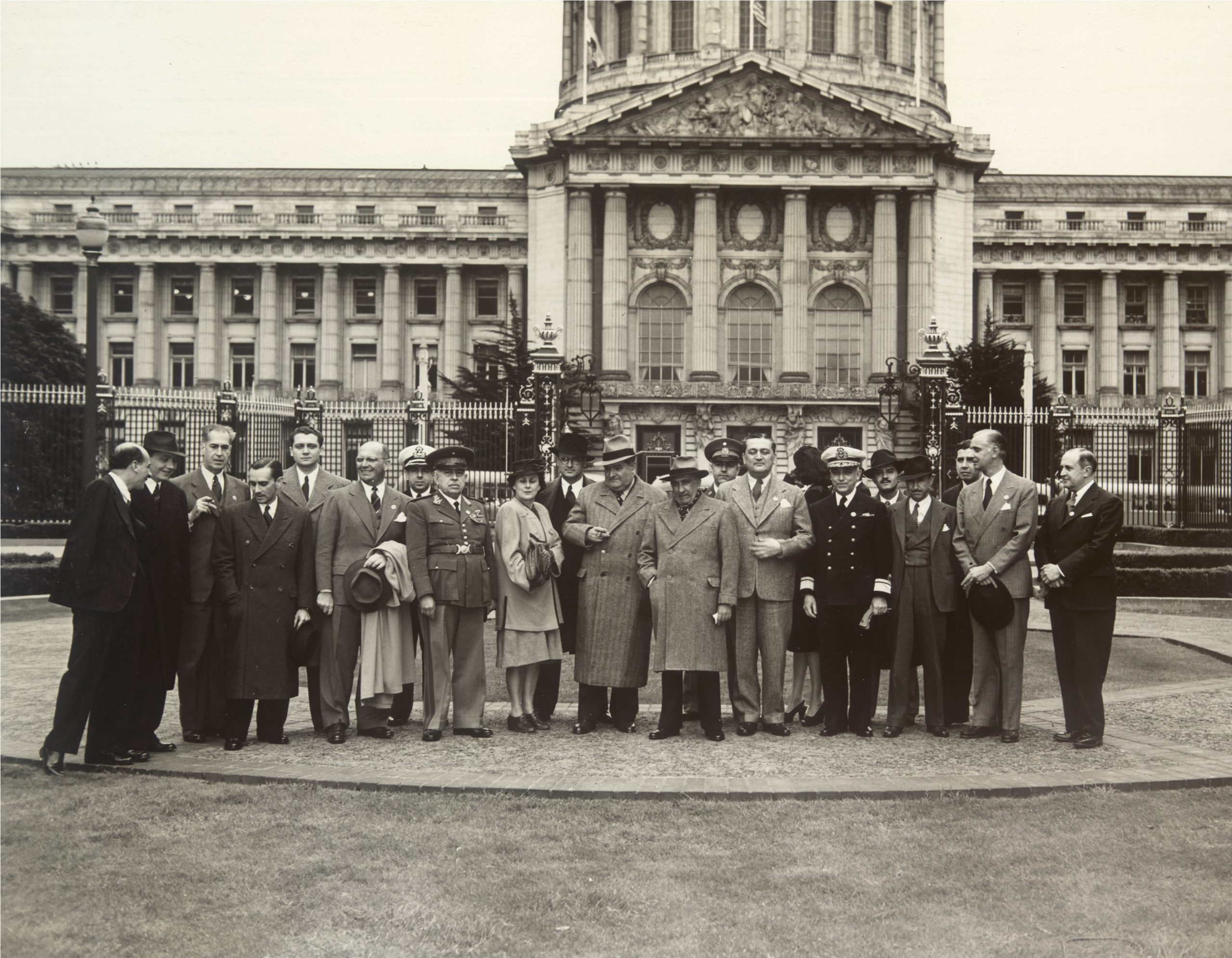 Black-and-white photograph of Bertha Lutz and Brazilian delegates standing in a group in front of San Francisco City Hall