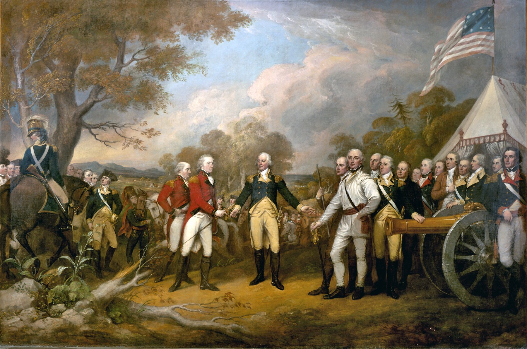 John Trumbull’s painting of British and American officers meeting at the surrender, with soldiers behind them.