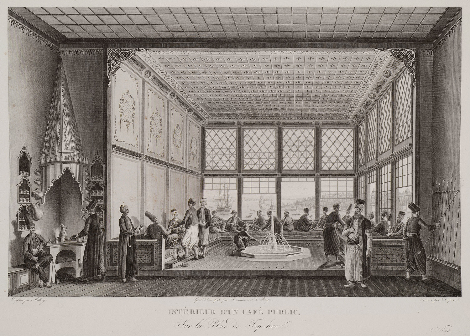 An Ottoman coffeehouse interior with men seated along raised platforms, attendants, and an ornate central architectural space.