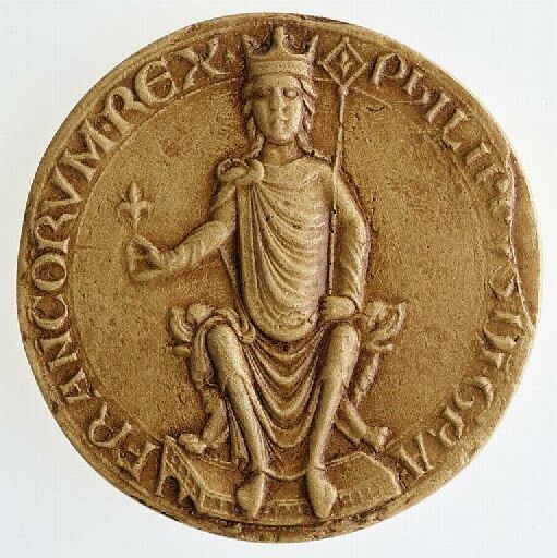 Circular seal showing Philip Augustus seated with royal attributes.