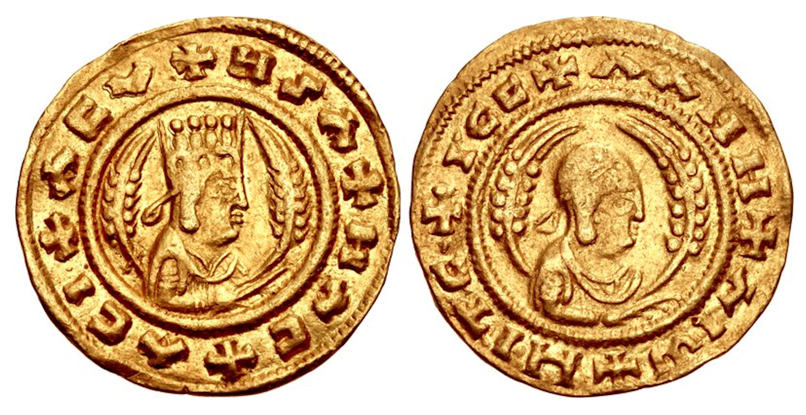 Two sides of an Aksumite coin of Ezana with a royal portrait, symbols, and rim inscriptions.
