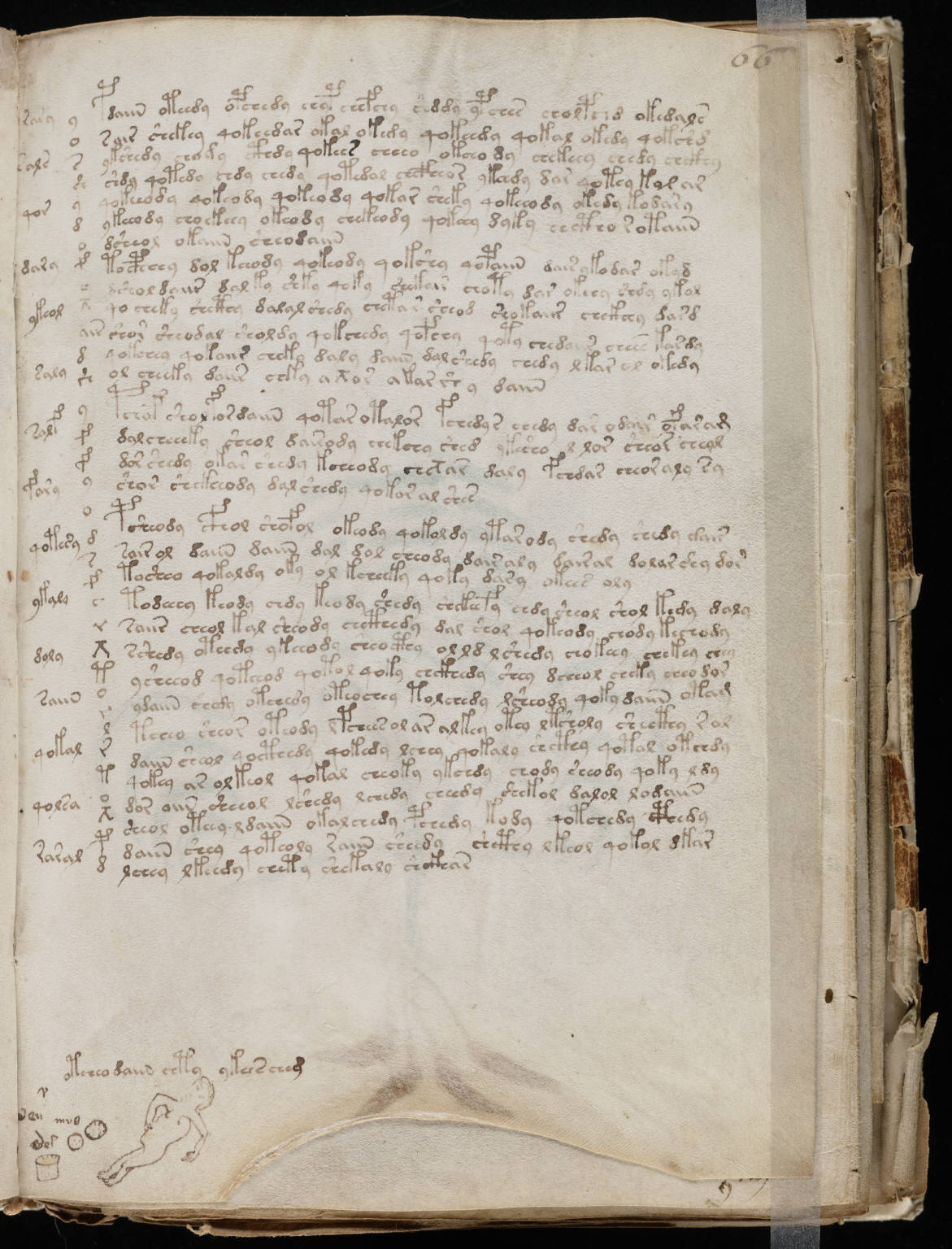 Dense Voynich writing on parchment, with a small reclining figure and short notes near the lower margin