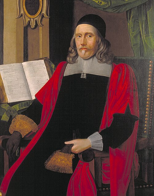 Portrait of jurist Edward Coke wearing a dark cap and ceremonial robes.