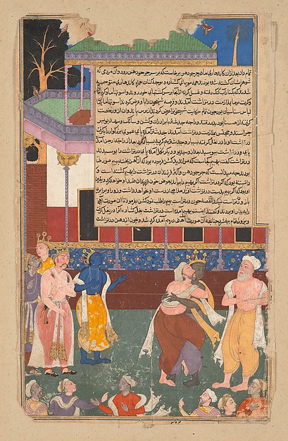Illustrated Persian manuscript page showing Dhritarashtra grappling with a figure as Krishna and other characters watch.