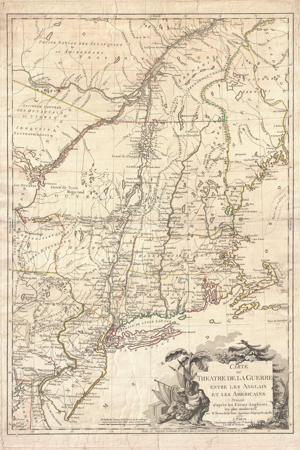 French map of New York, New England, and Canada from 1777, with rivers, settlements, and military annotations.