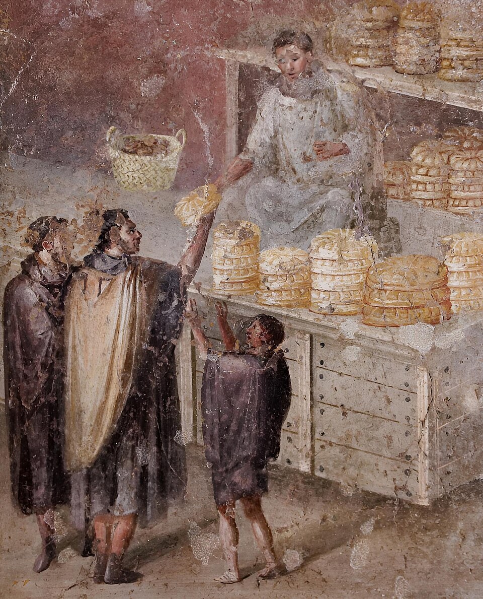 Roman fresco of a seated toga-clad man passing bread to people beside a wooden stand.
