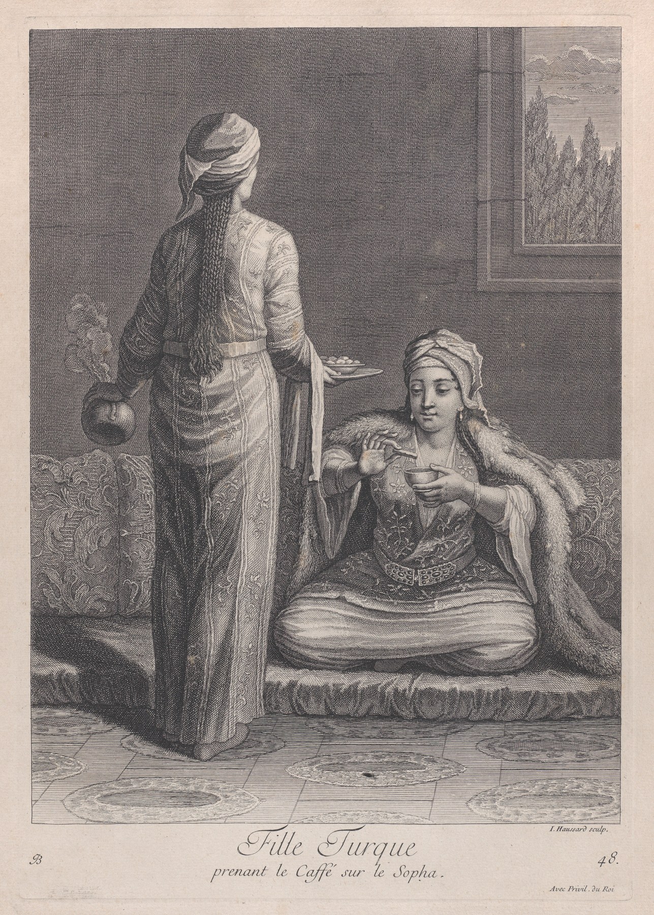 An engraved scene of a seated Ottoman woman taking coffee on a sofa, with a servant standing nearby.