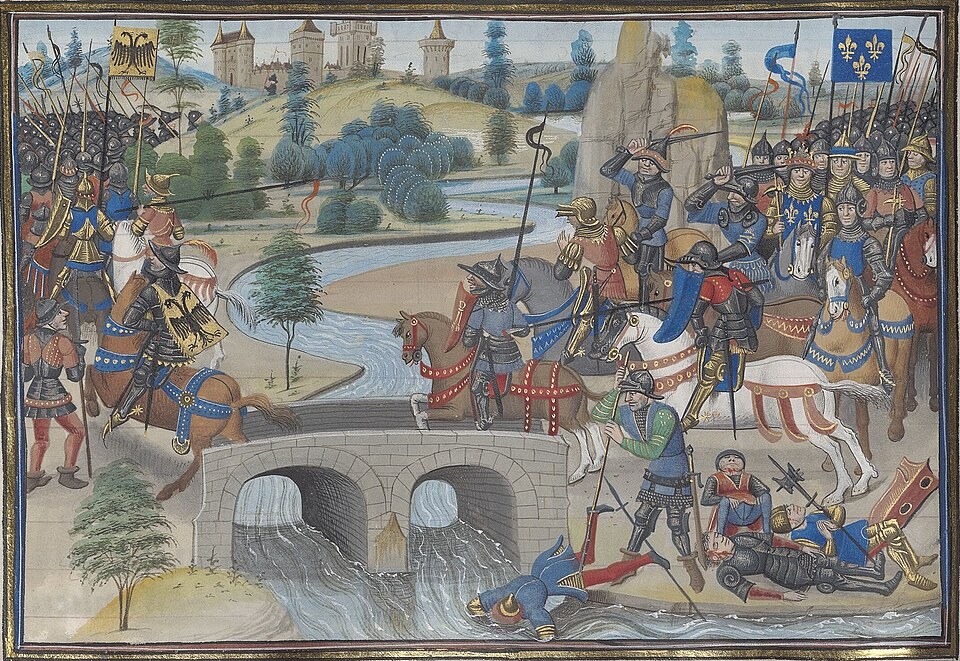 Medieval manuscript miniature showing opposing cavalry in the Battle of Bouvines.