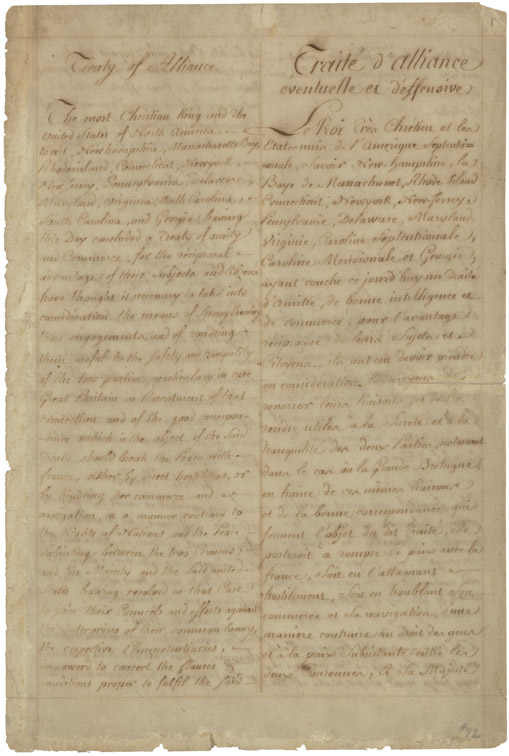 Handwritten first page of the 1778 Franco-American Treaty of Alliance, with English and French text in parallel columns.