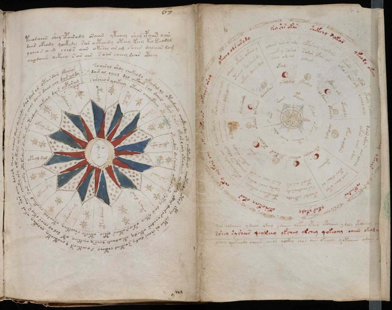 Two circular diagrams in a Voynich foldout, with faces, radial lines, colored crescents and surrounding script