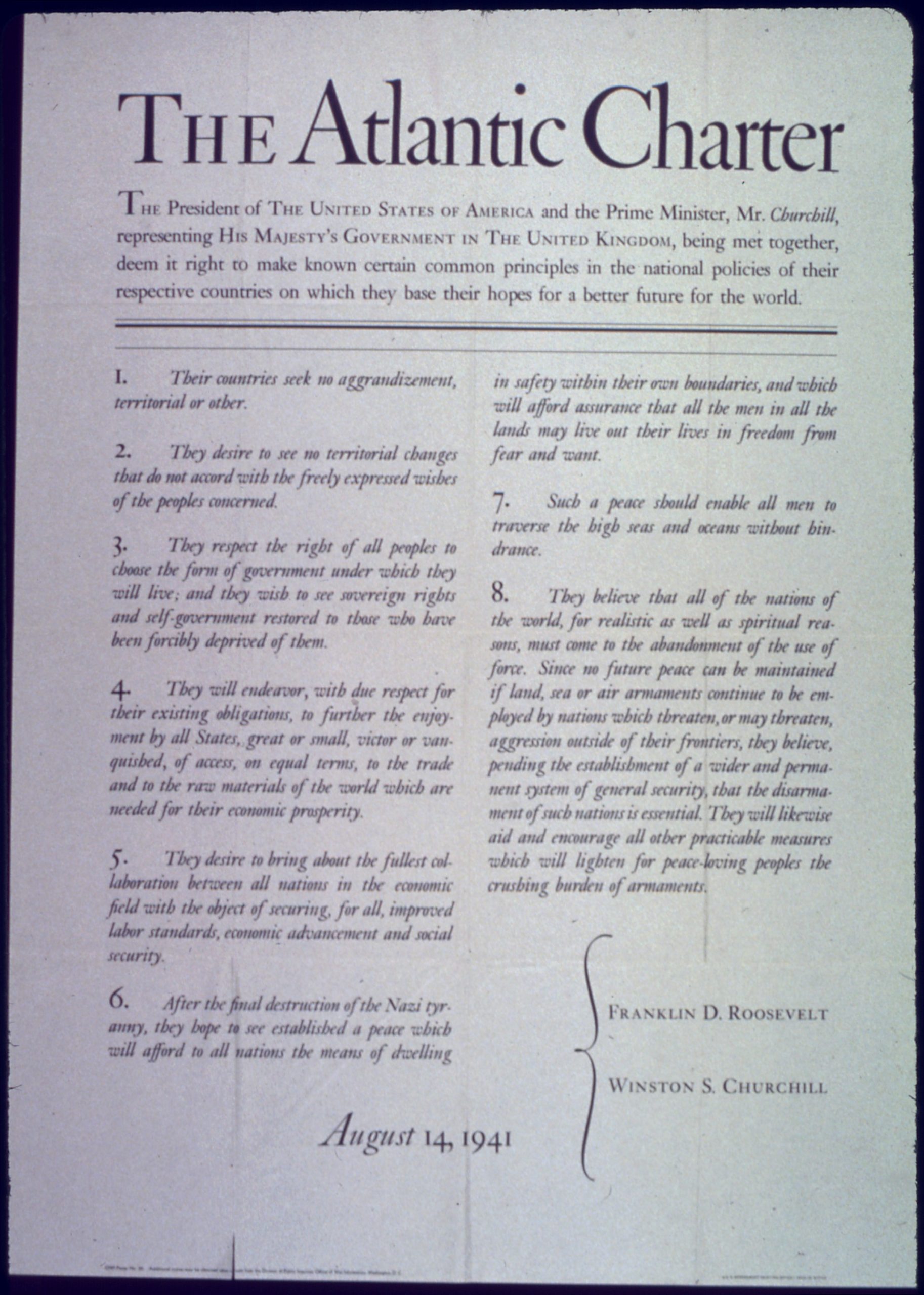 Wartime U.S. government poster titled The Atlantic Charter, displaying its eight numbered principles and the names of Roosevelt and Churchill.