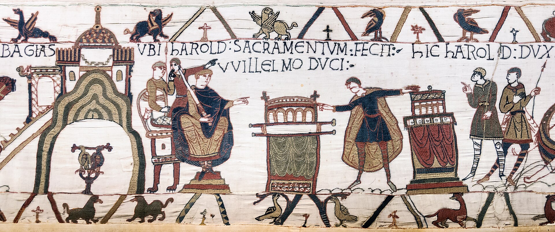 Harold extending his hands toward two reliquaries while William sits to the left.