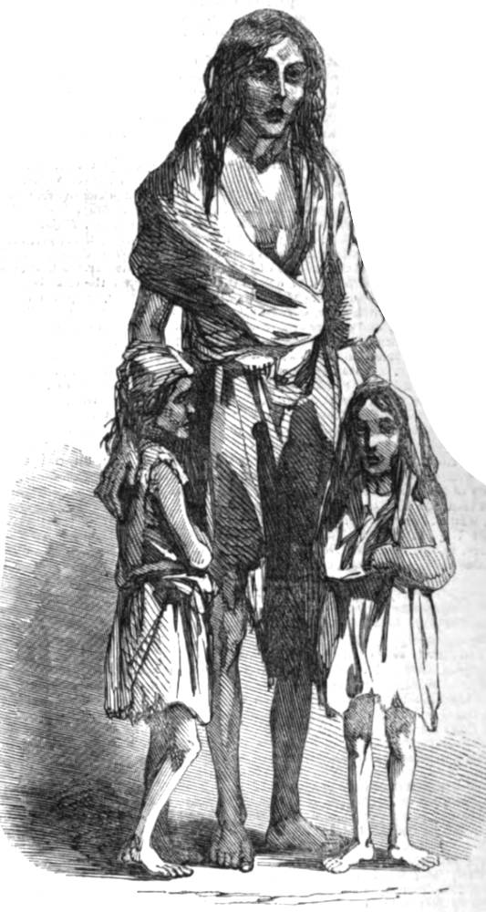 Engraving of Bridget O’Donnel standing with two children.