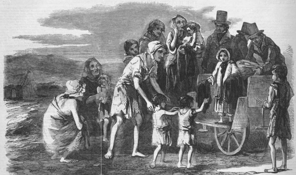 Engraving of women and children gathered around a cart as garments are distributed.