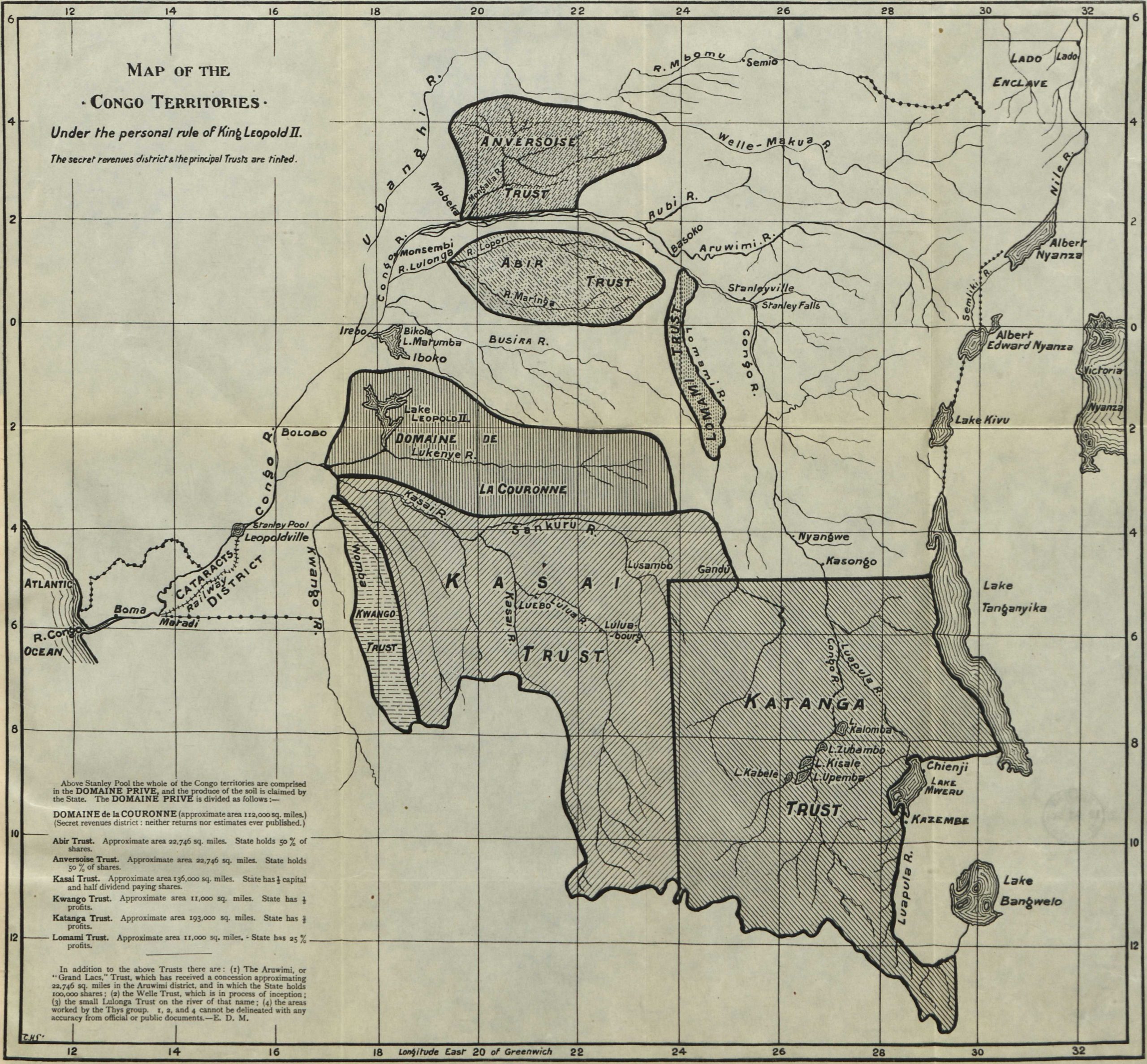 E. D. Morel’s 1904 map of the Congo Free State with shaded concession areas including ABIR and Anversoise