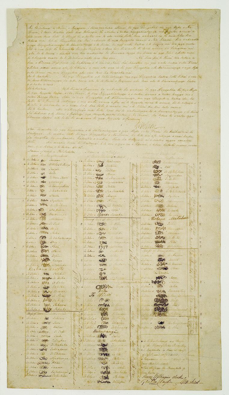 Cook Strait treaty sheet with Māori text, signature columns and a double-line border.