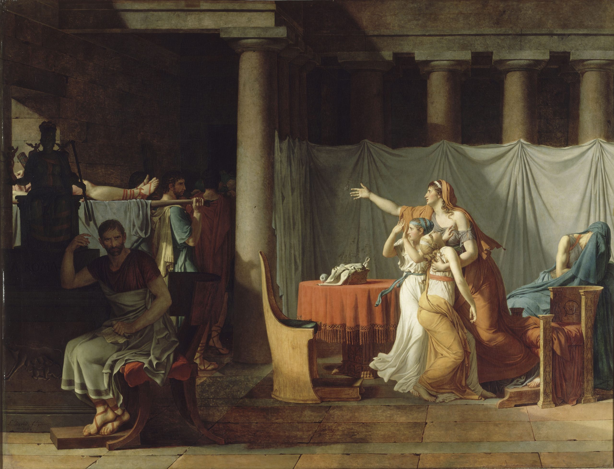 David’s 1789 painting shows Brutus sitting in shadow while his family grieves and attendants carry his sons’ bodies