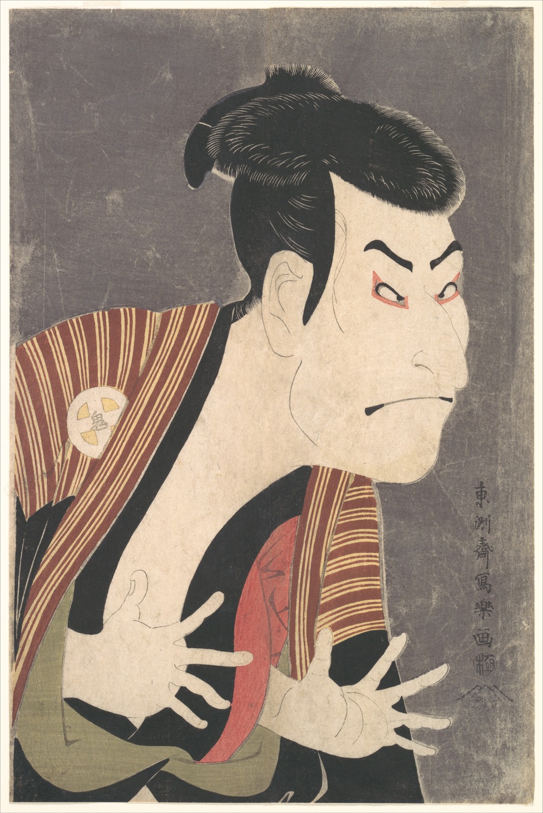 A kabuki actor with sharply angled eyes and outstretched hands against a mica-coloured ground.