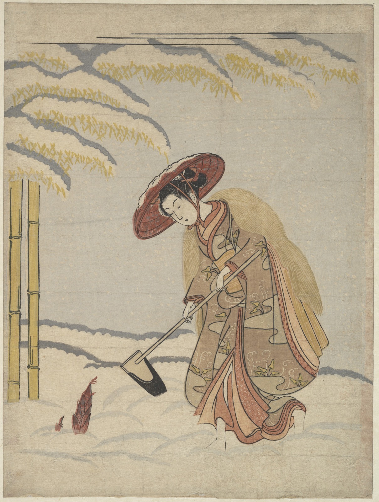 A woman in patterned robes digs for bamboo shoots among snow-covered plants.