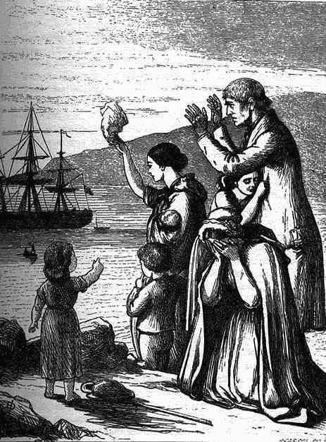 Engraving of a family on the shore waving toward a departing sailing ship.