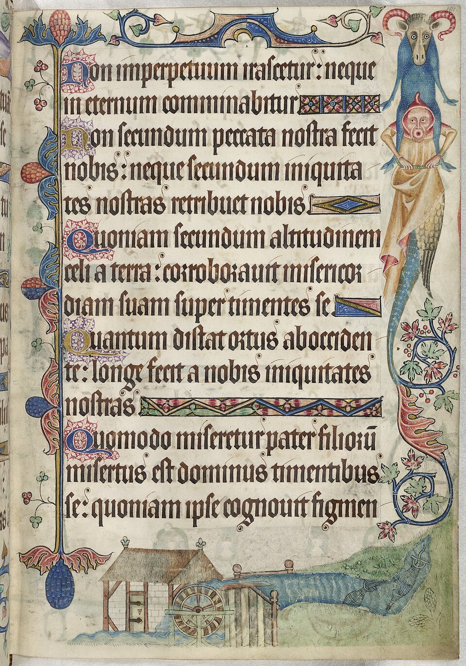 Illuminated psalter page with a waterwheel and mill in the lower margin
