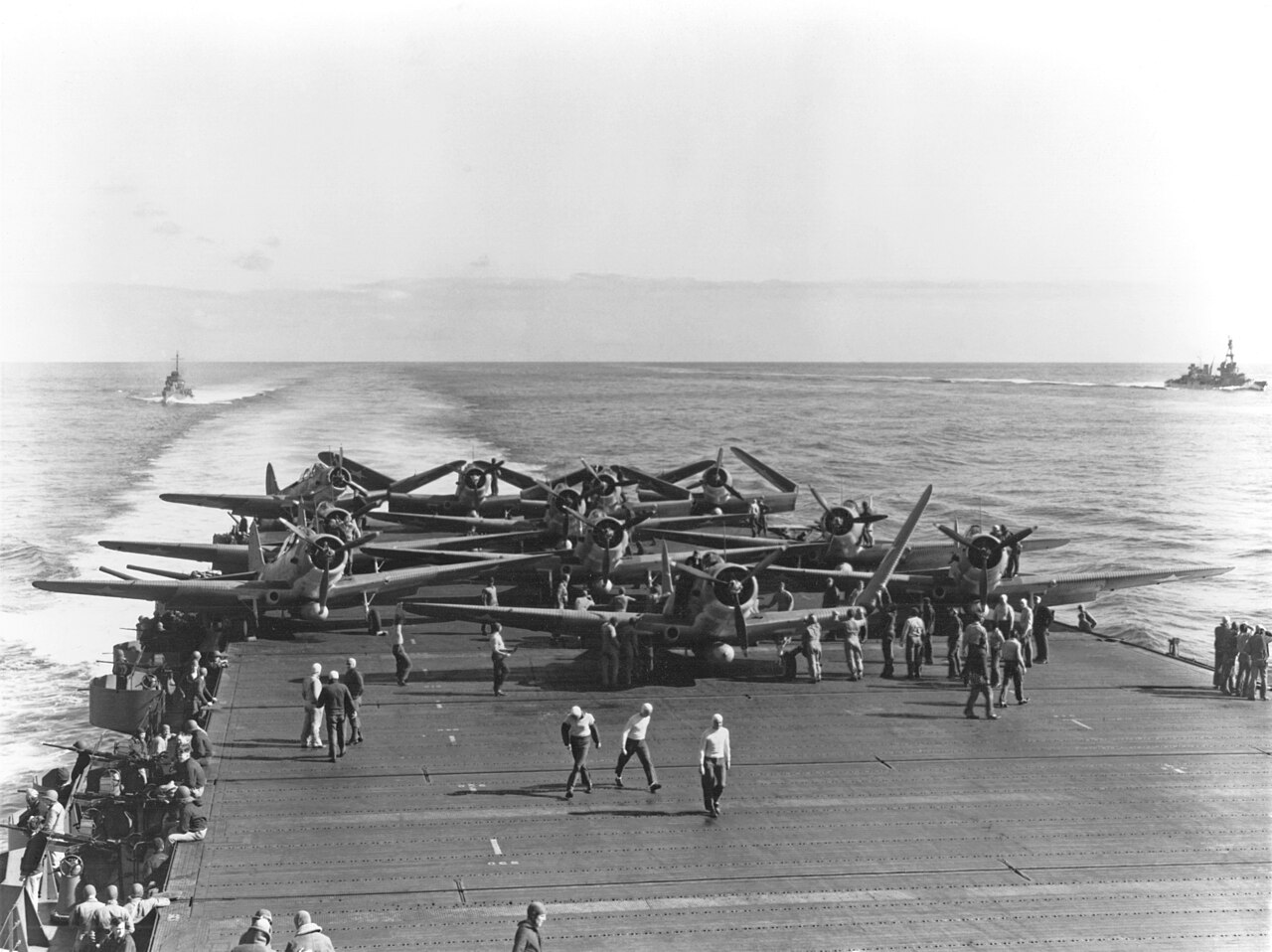 TBD Devastator torpedo aircraft lined up on USS Enterprise’s flight deck on 4 June 1942