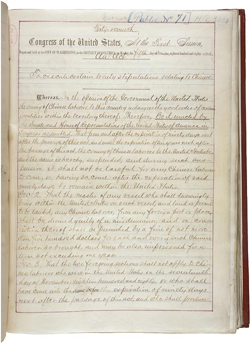 First manuscript page of the Chinese Exclusion Act, headed with the session of Congress.