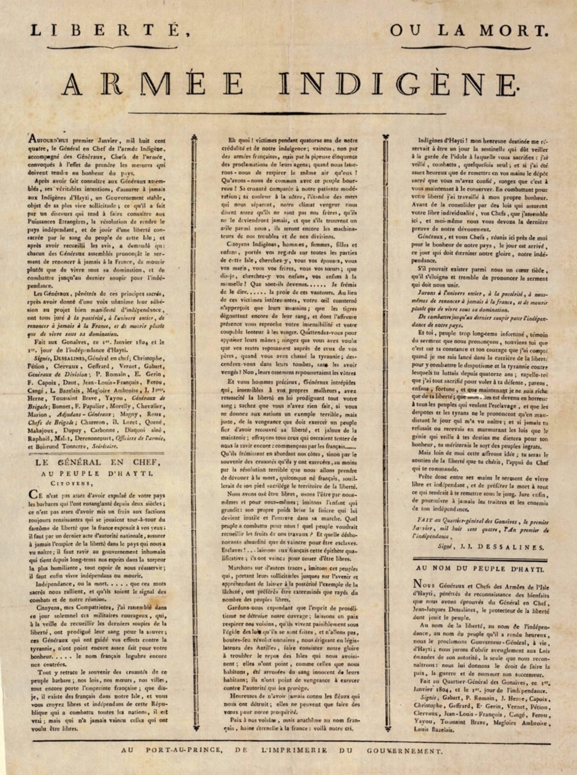 Three-column printed Haitian Declaration of Independence dated 1 January 1804, headed Liberté ou la Mort and Armée Indigène