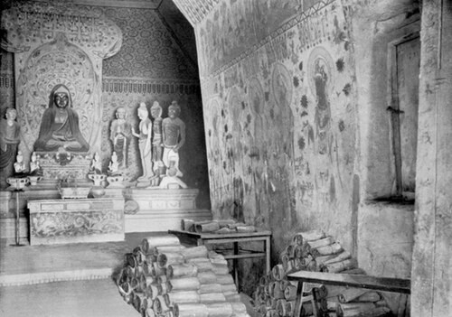 Historical composite showing Buddhist figures in Cave 16 and manuscripts stacked near the entrance to Cave 17