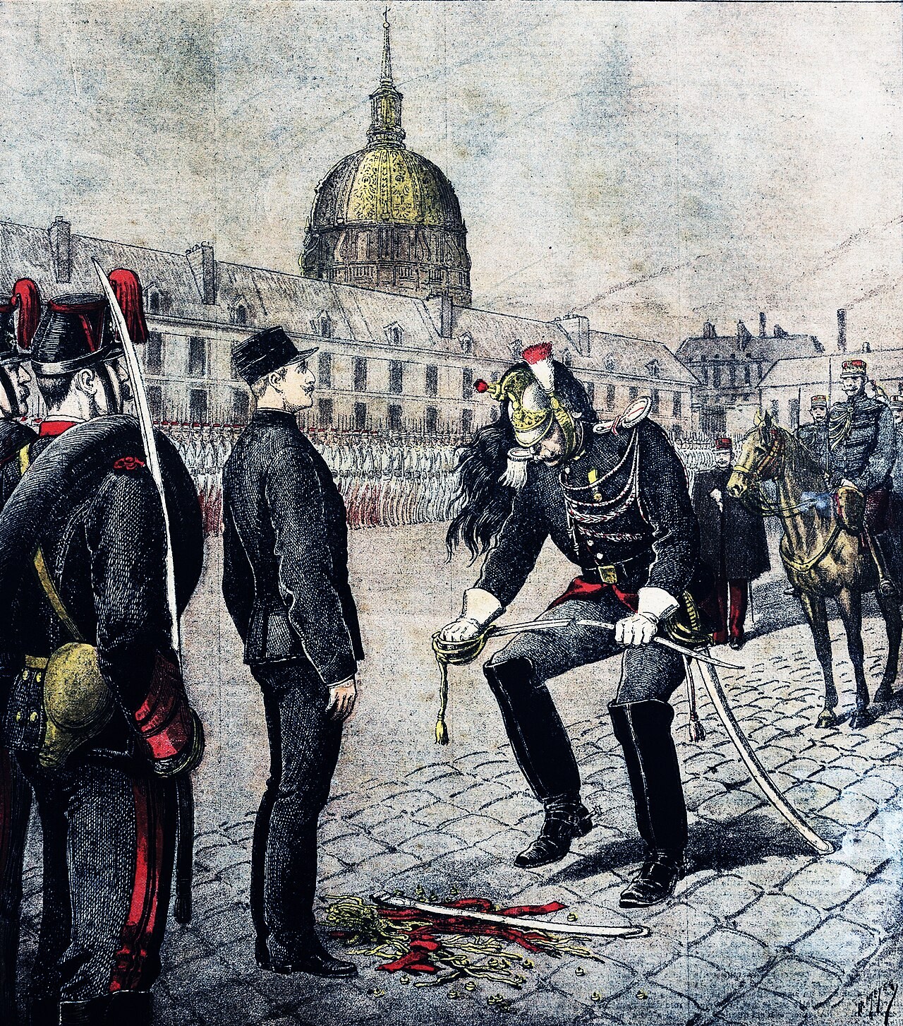 Illustration of Dreyfus’s military degradation in front of assembled soldiers