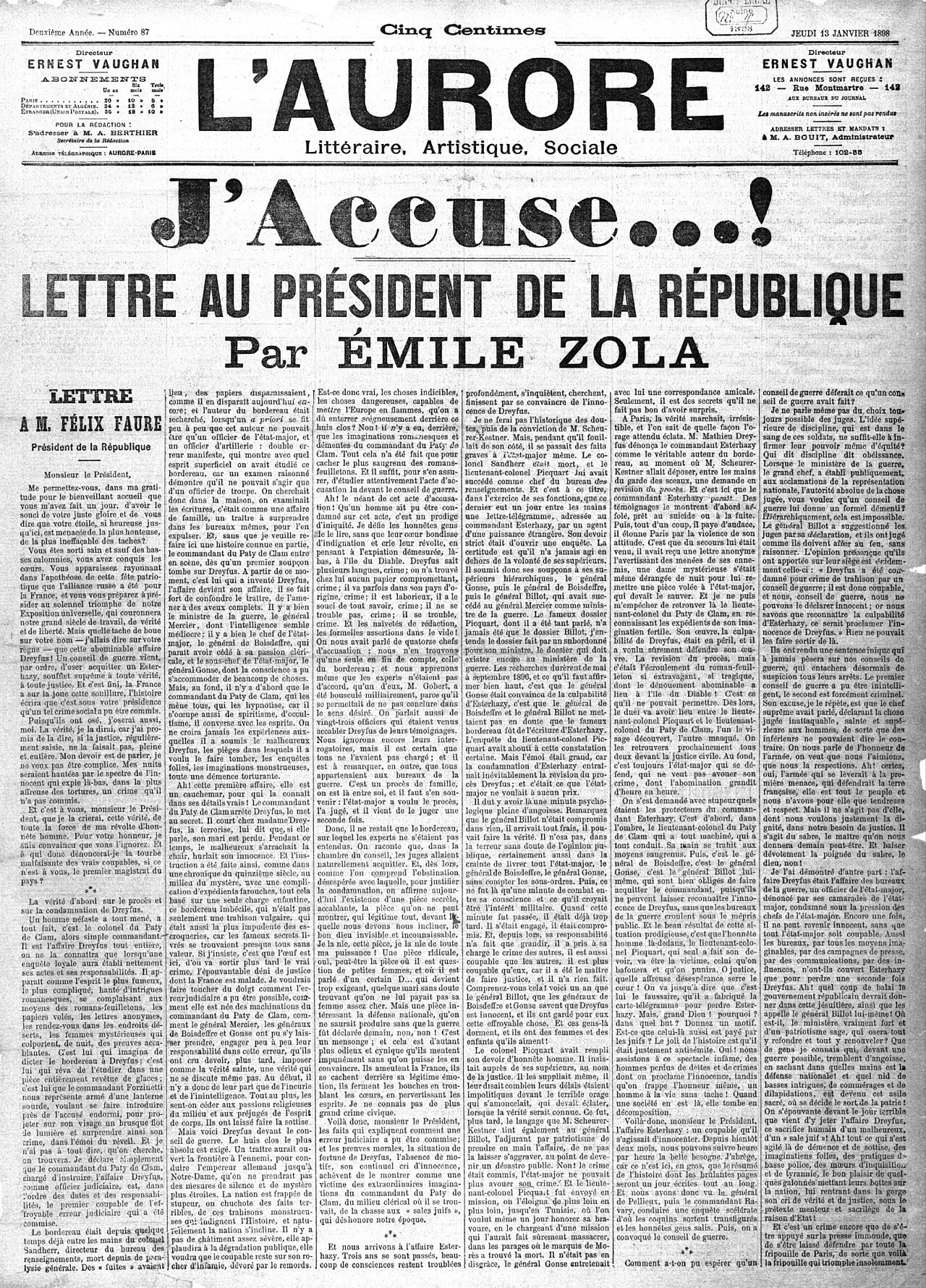 Front page of L’Aurore with the large headline J’accuse and Émile Zola’s open letter
