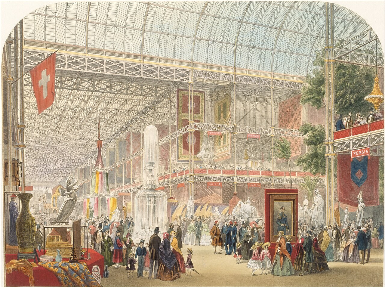 Colored nineteenth-century print of crowds and displays inside the glass-roofed Crystal Palace