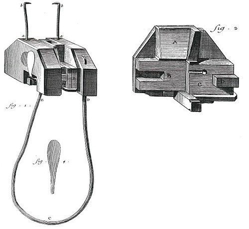 Historical line drawing showing the parts of a typefounder’s mould