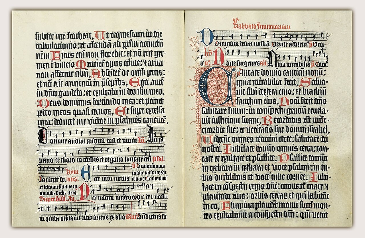 Open Mainz Psalter with red and blue initials beside black printed text