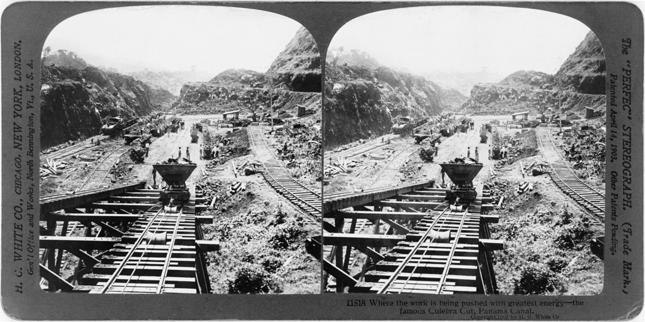 Stereographic views of railway tracks, excavated slopes and canal construction equipment