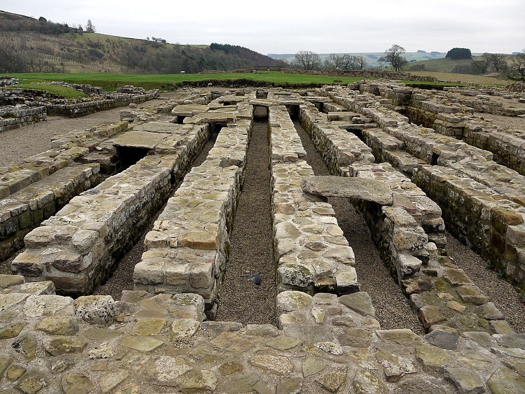 Low stone walls and supporting foundations of a granary at Vindolanda