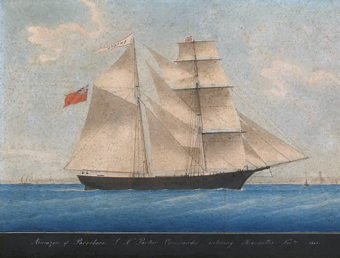 An 1861 painting of the brigantine Amazon entering Marseille, showing the vessel under sail before she was renamed Mary Celeste
