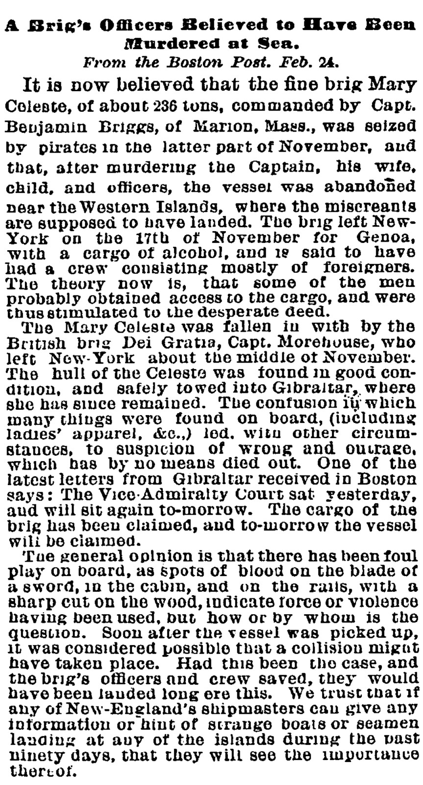 New York Times newspaper column from 26 February 1873 presenting suspicions of murder aboard Mary Celeste