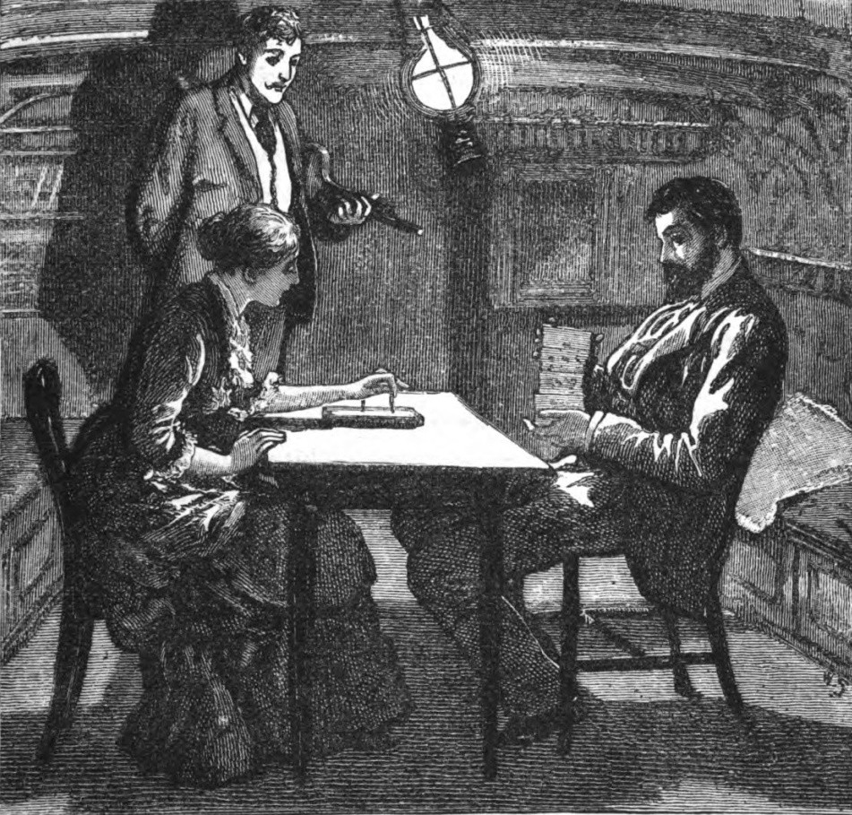 William Small’s 1884 illustration showing three fictional characters around a table in a ship’s cabin in Conan Doyle’s fictional J. Habakuk Jephson’s Statement