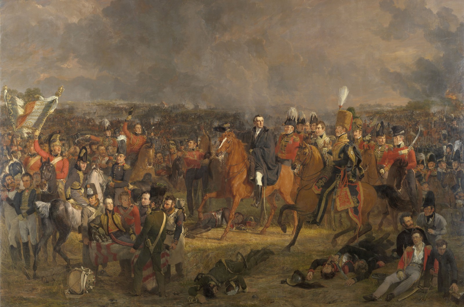 Pieneman’s large battle painting with Wellington on horseback at the centre and the wounded Dutch crown prince in the foreground