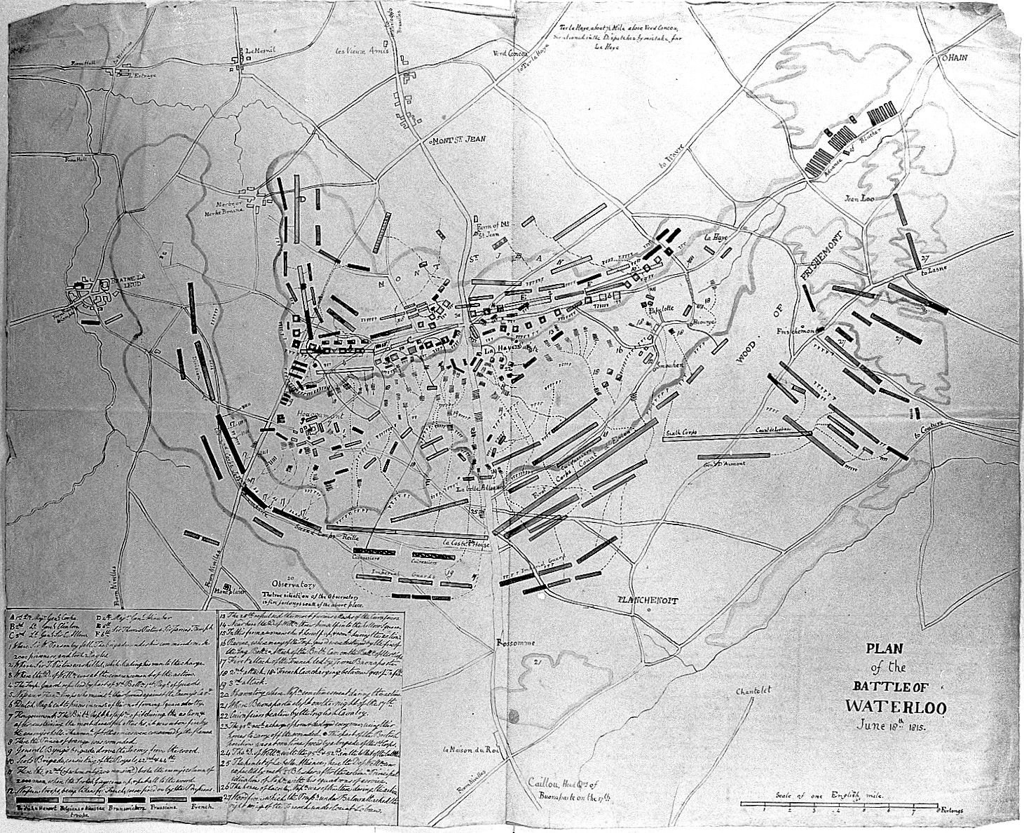 Monochrome reproduction of a historical plan of the Waterloo battlefield with roads, settlements and military positions