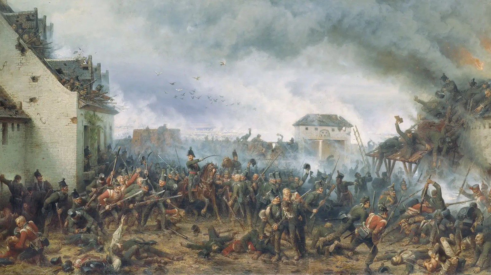 Nineteenth-century painting of soldiers defending the enclosed farmyard of La Haye Sainte