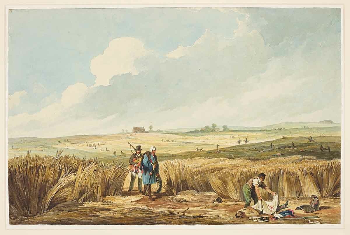 Denis Dighton’s view across the battlefield towards La Belle Alliance, with scattered bodies, looters and burial activity