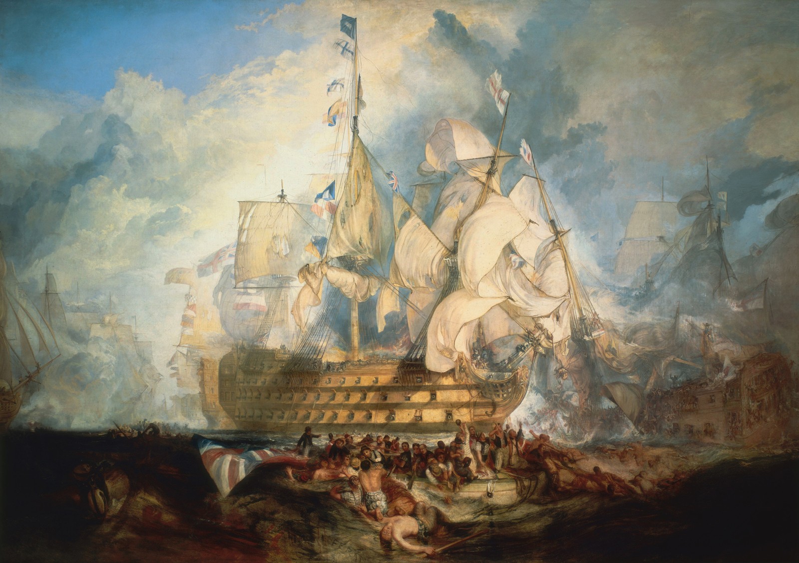 Turner painting of Victory amid smoke, crowded warships and sailors in the water