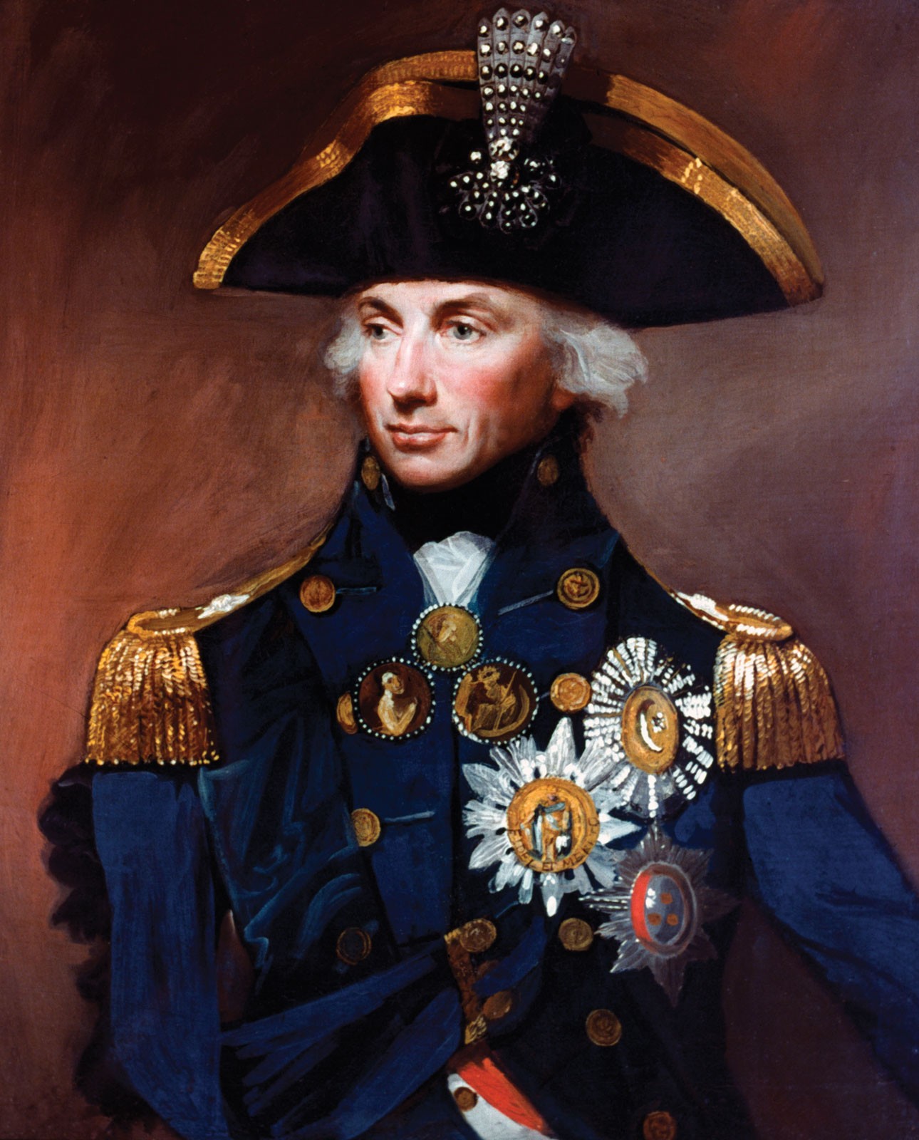 Portrait of Horatio Nelson in naval uniform wearing decorations and a decorated hat