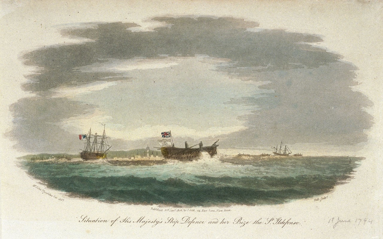 Hand-coloured print of Defence and the dismasted captured San Ildefonso after Trafalgar