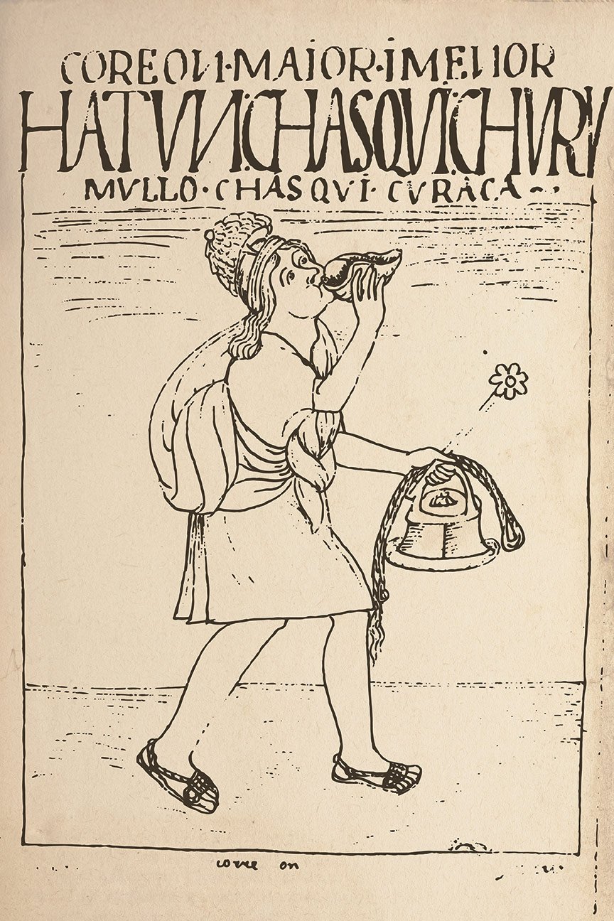 Guaman Poma drawing of a messenger sounding a shell trumpet and carrying equipment