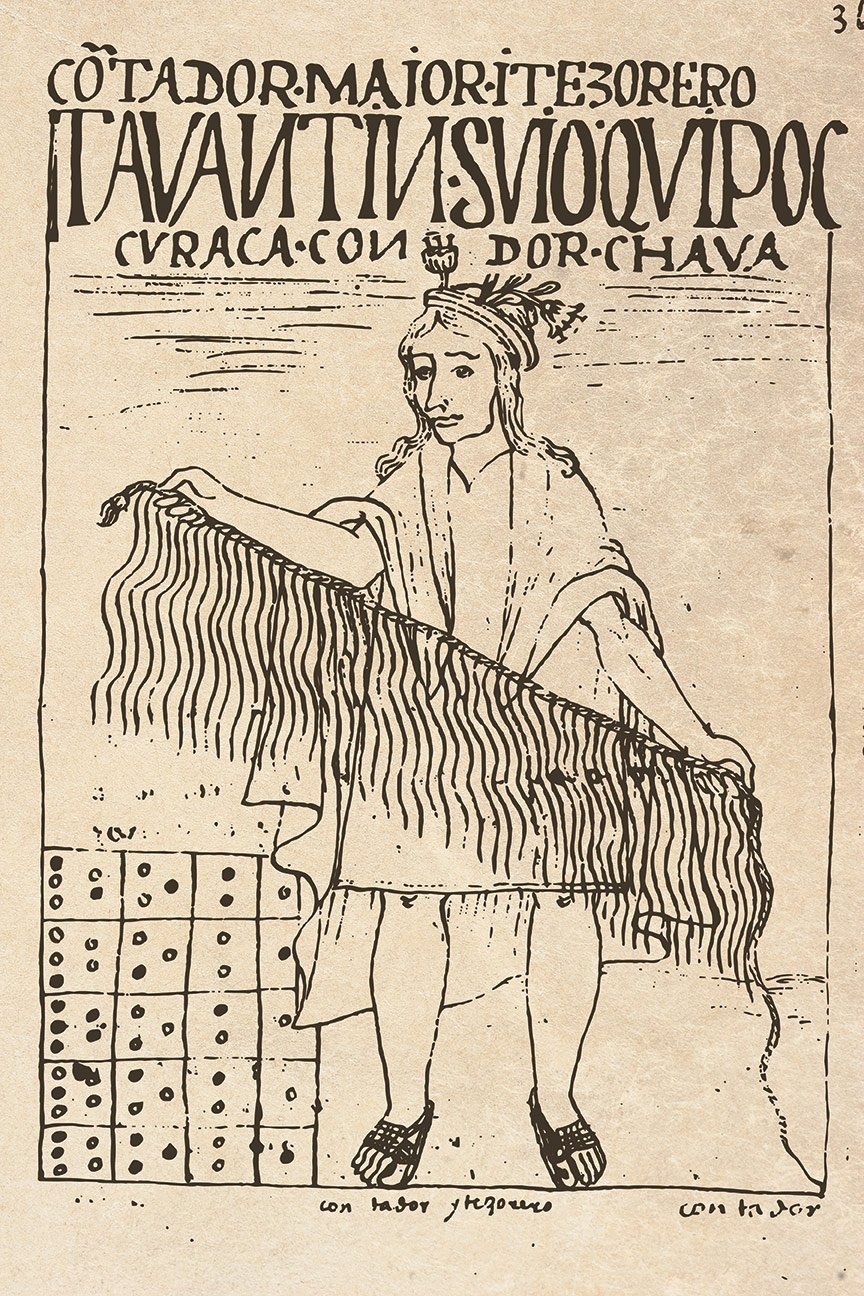 Historical drawing of an Inca official holding a khipu with many hanging cords